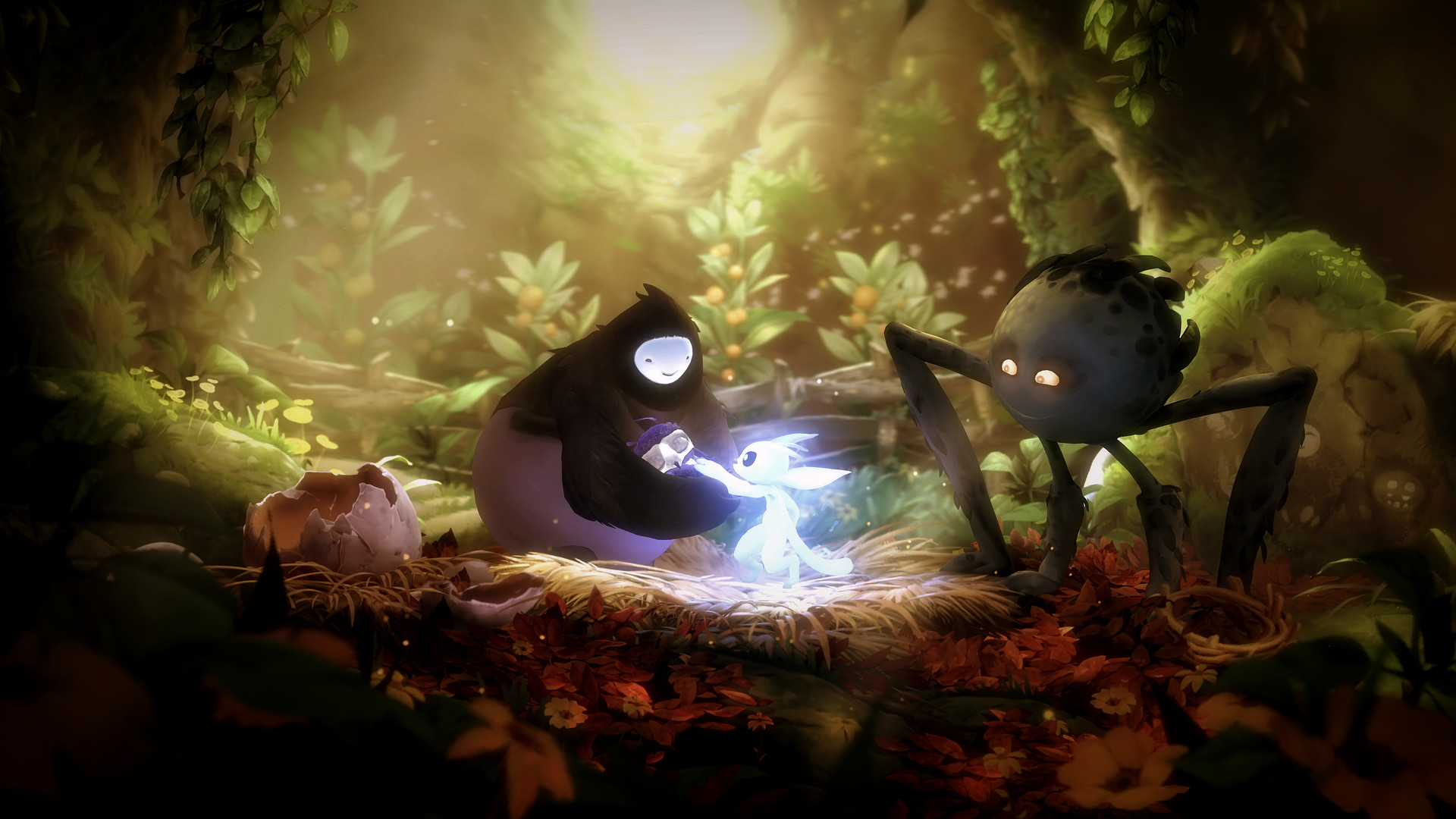 Ori and the owlet Ku taking flight before the storm
