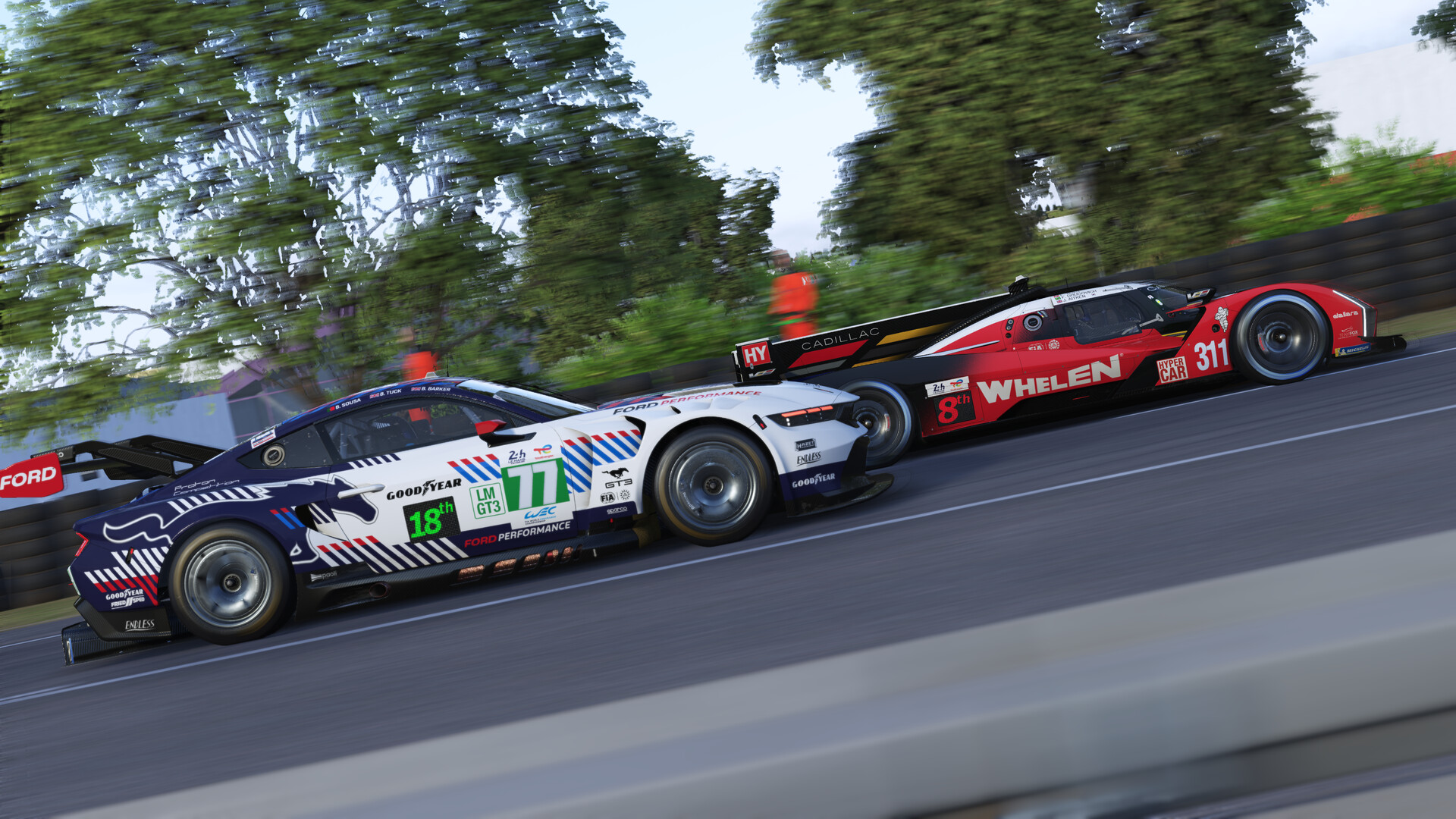 Race car at speed on the track, showcasing lighting effects and vehicle model detail