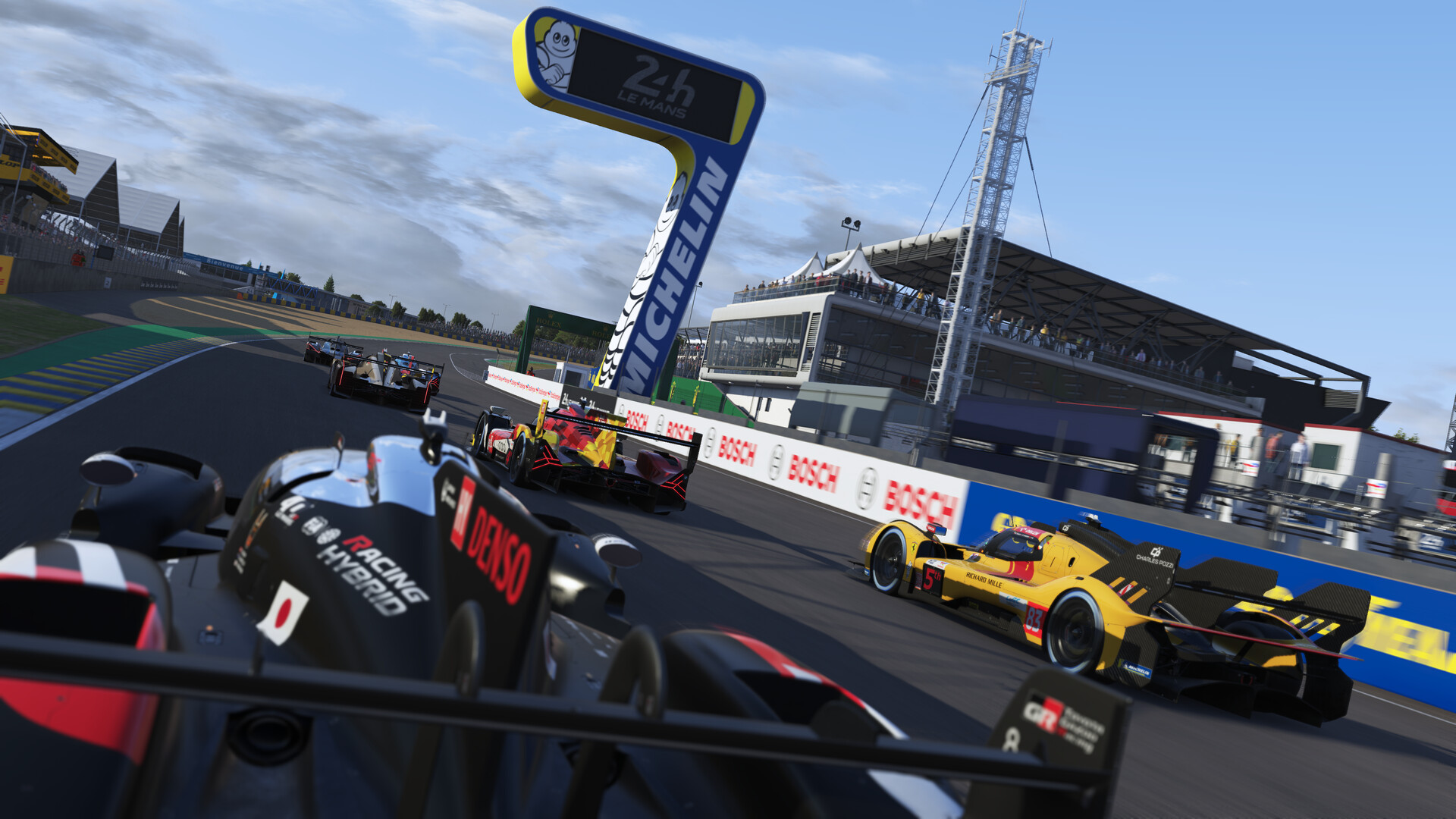 Race car speeding on the Le Mans circuit, dynamic lighting and weather effects creating realistic driving conditions