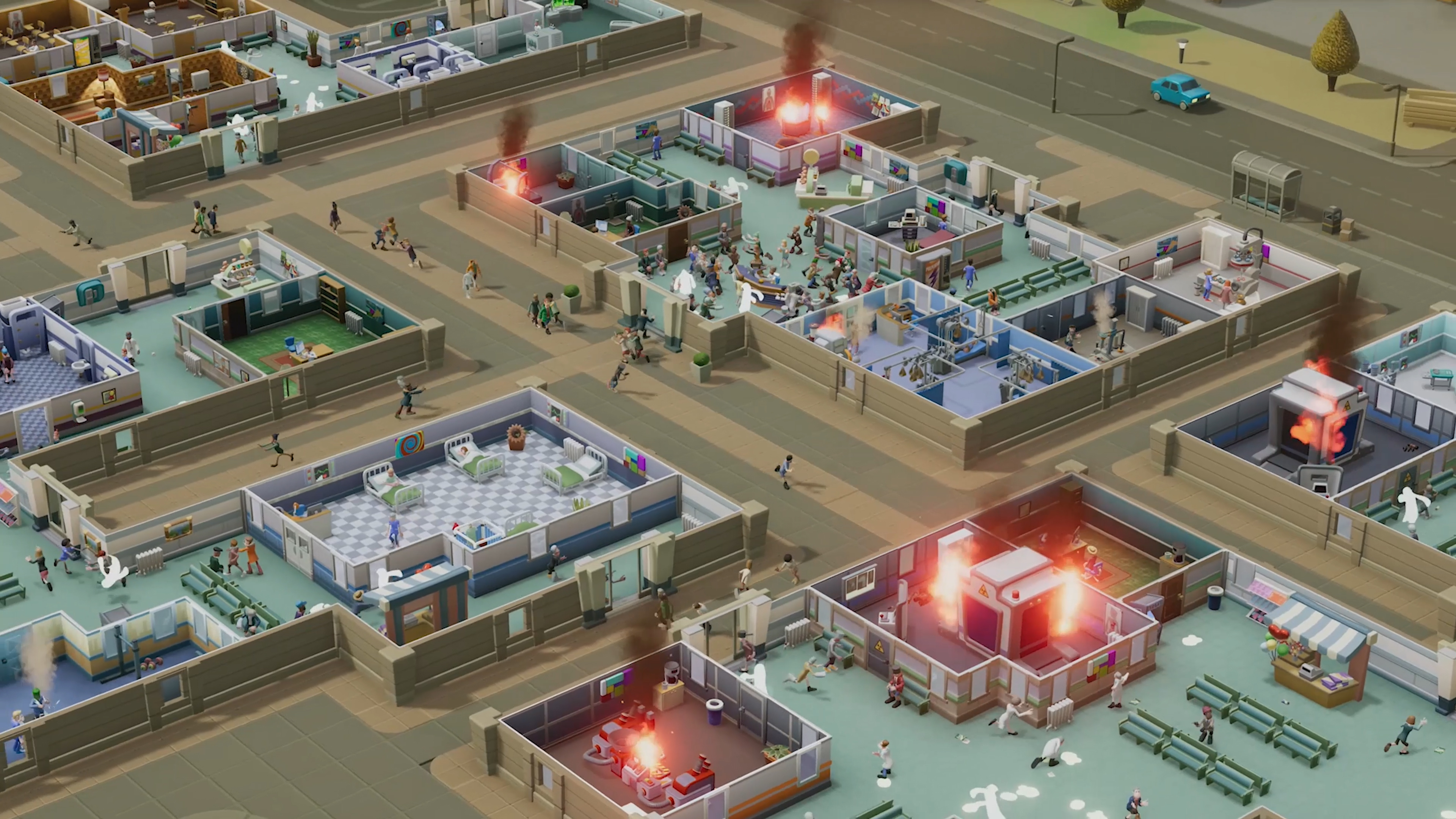 A bright, color-coded hospital lobby packed with cartoon patients