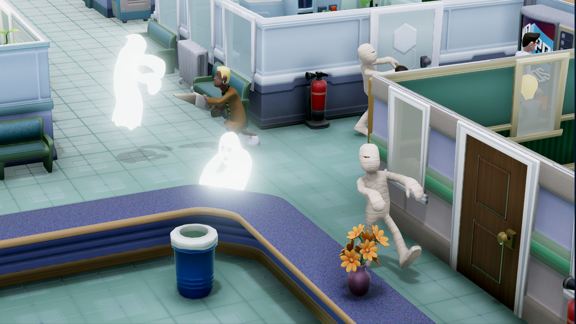 A cartoon patient with a glowing light bulb for a head waiting in line