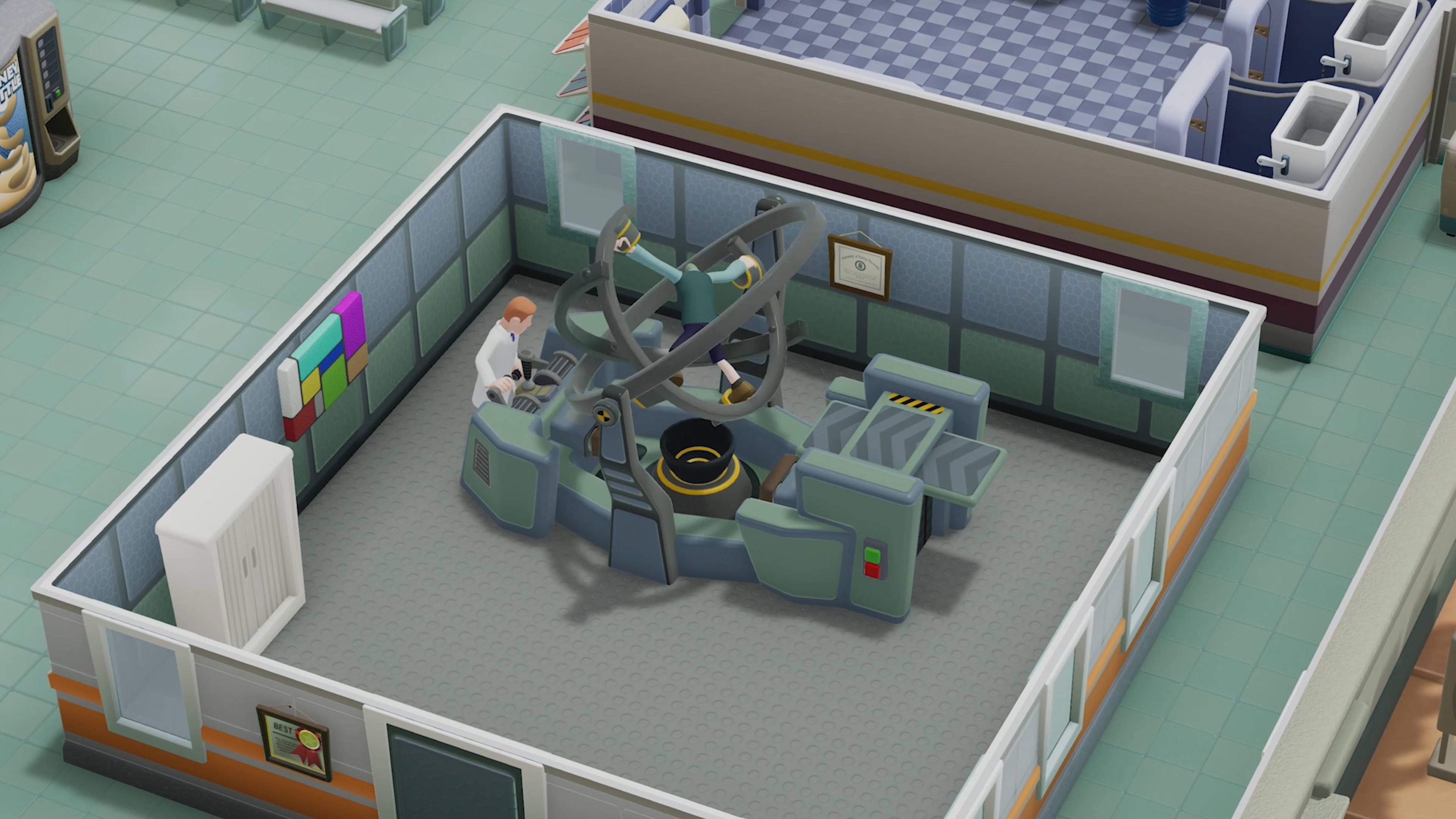 A cartoon radio DJ booth broadcasting across the hospital