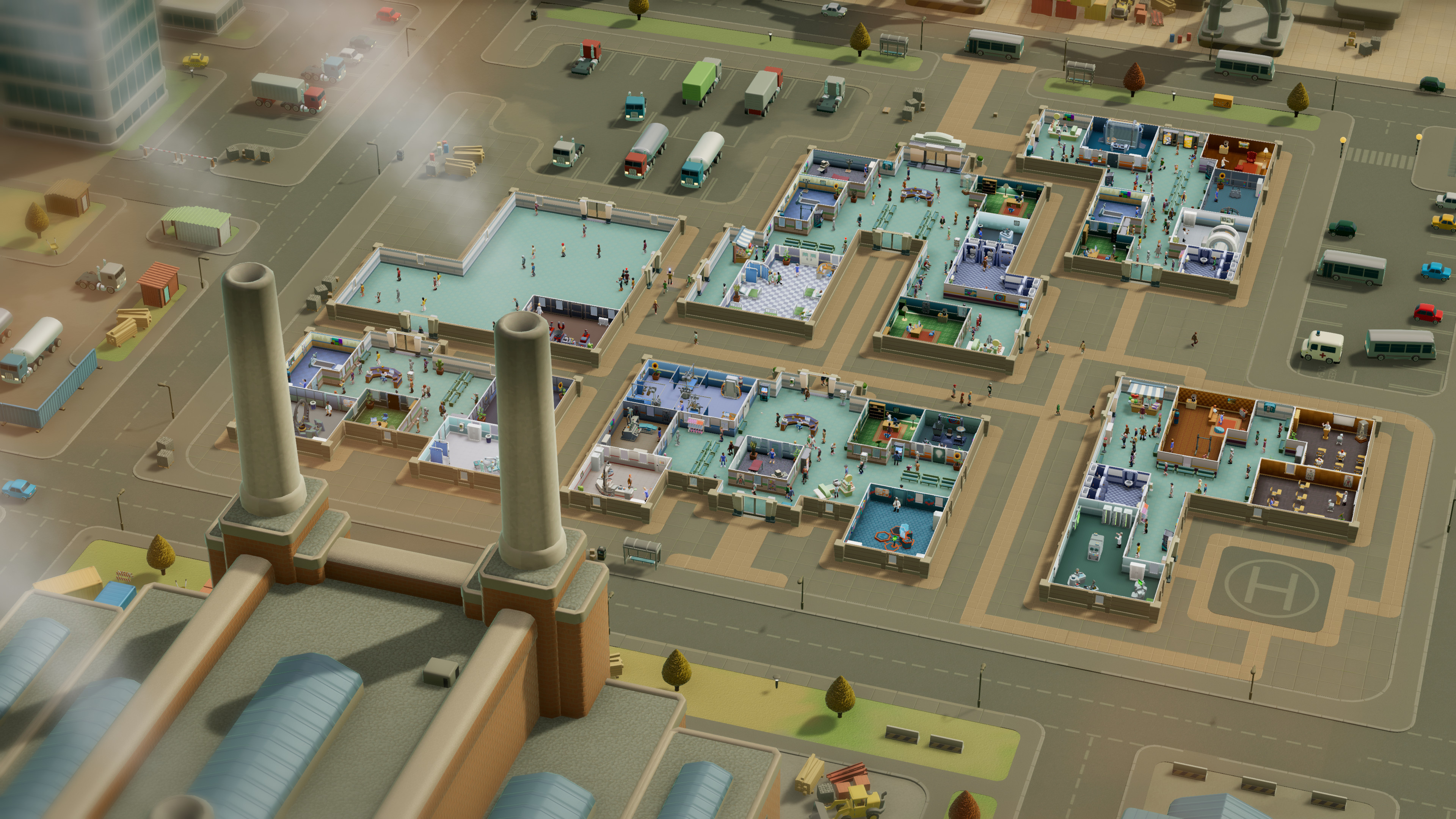 An overhead view of a sprawling, color-coded hospital floor plan