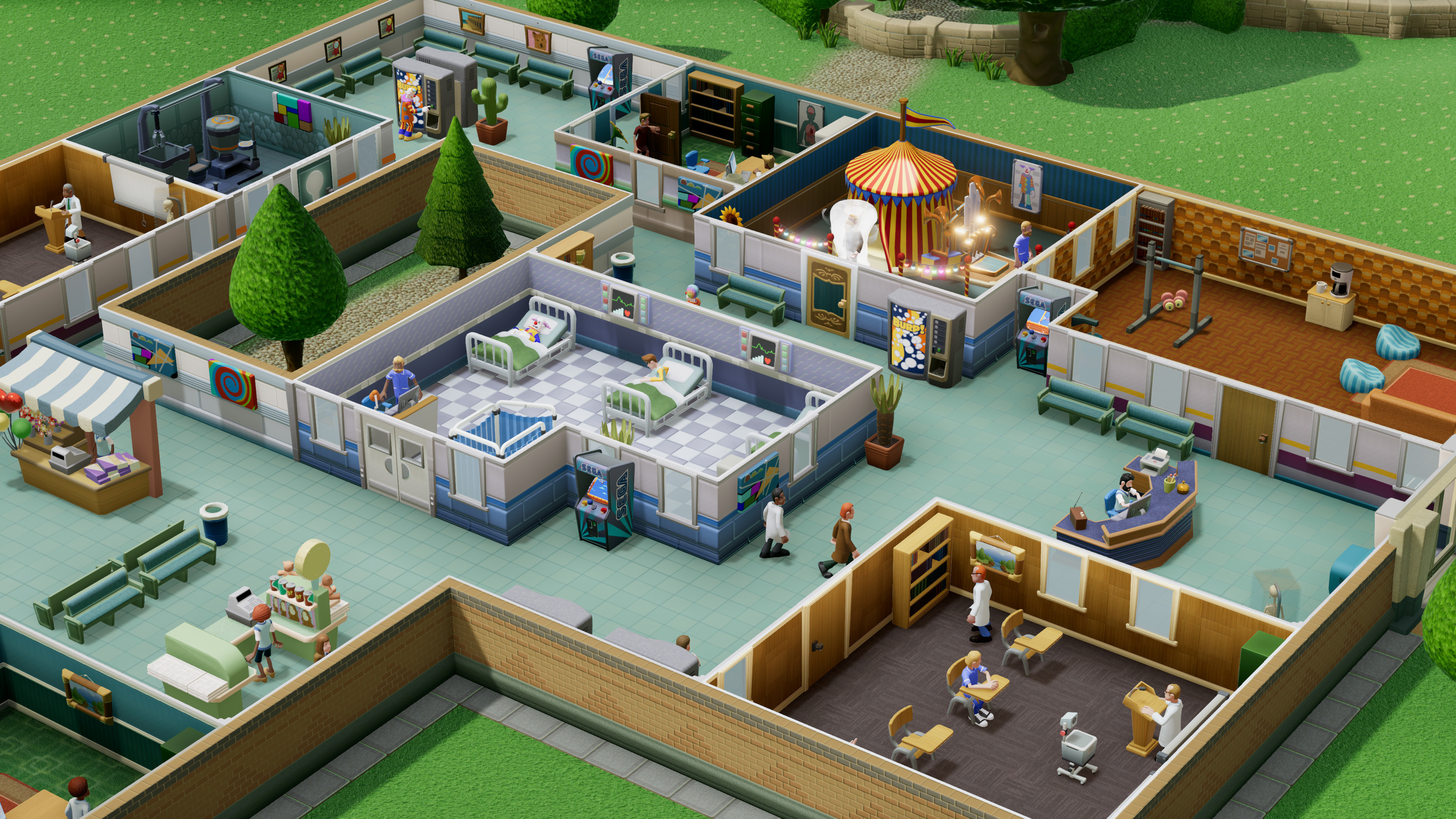 A cartoon treatment room with exaggerated machines and patients