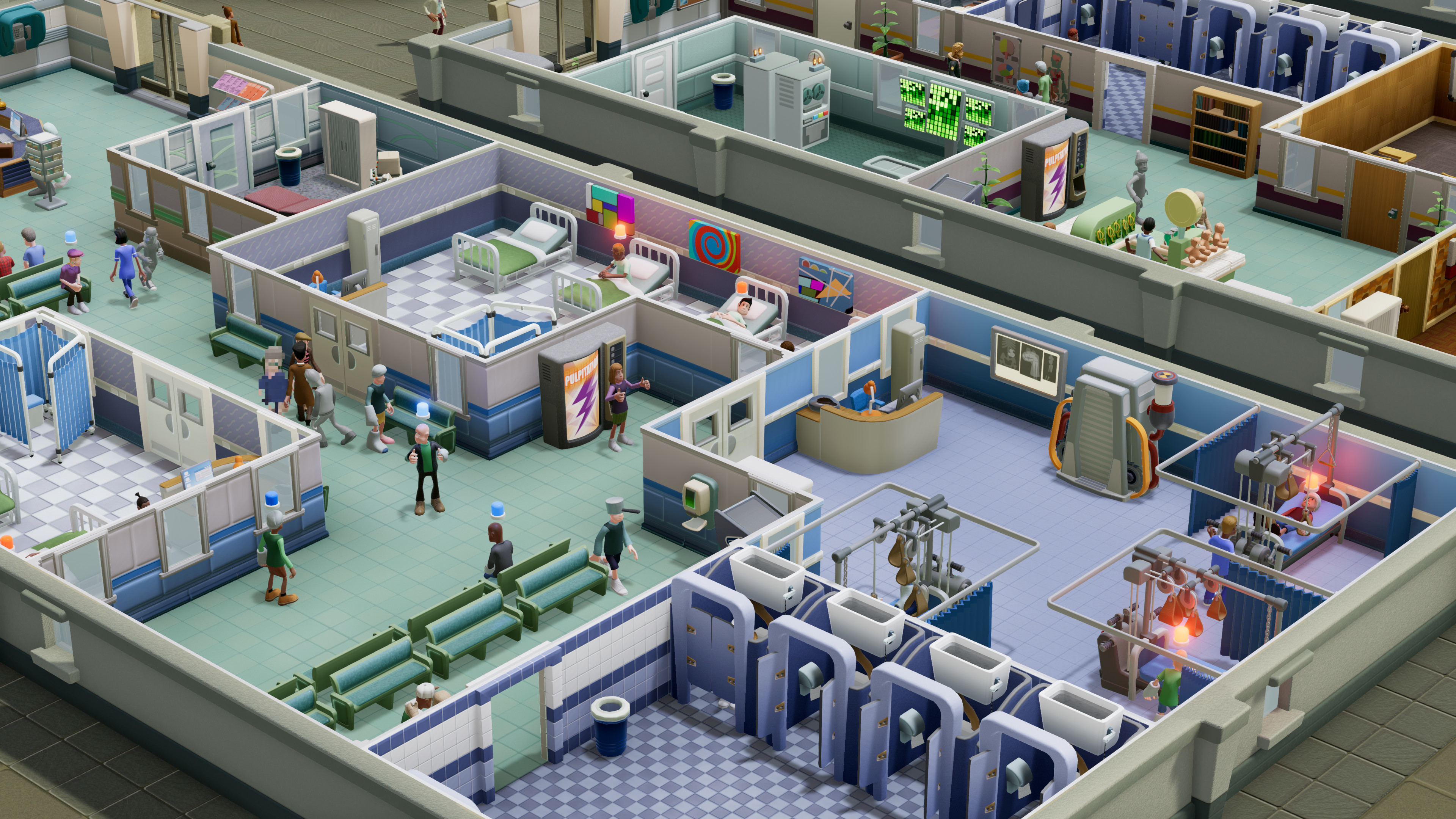 Players arranging departments and routing patients through a hospital