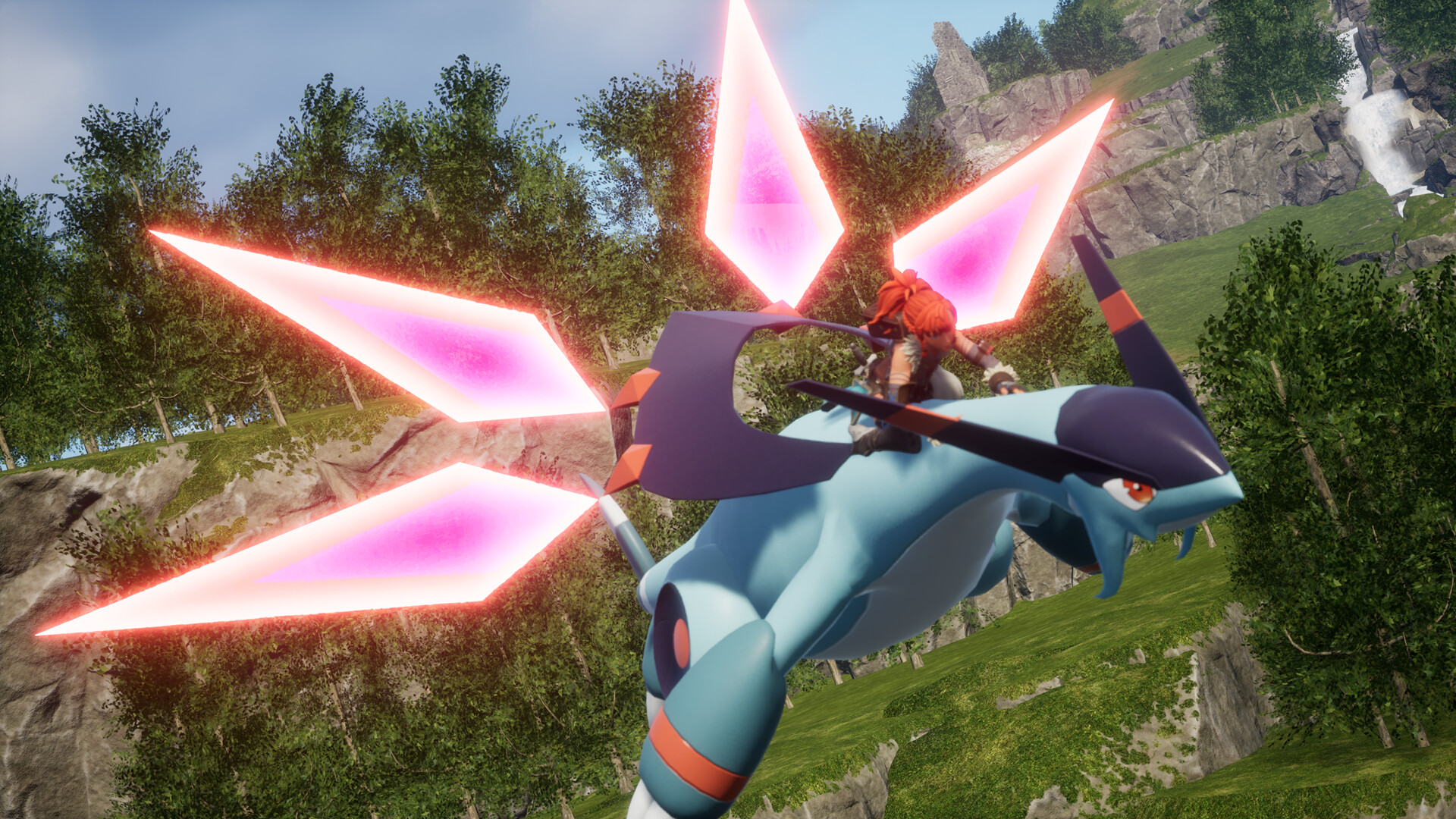 Sweeping overworld vista with the main theme playing